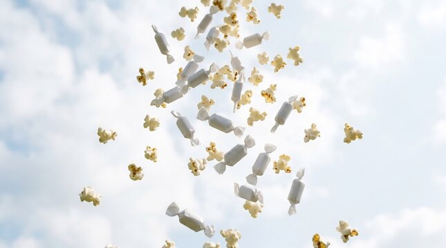 popcorn and candies falling against a light blue sky with clouds