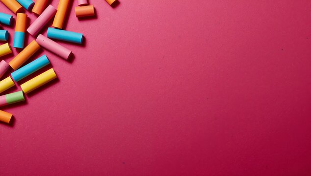 Coloured erasers in various shapes scattered across a vibrant pink background, showcasing a playful arrangement of stationery items for creative projects