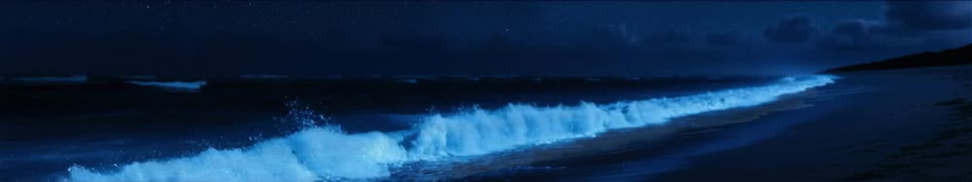 Bioluminescent Night Surf Glowing Along a Dark Beach, Widescreen Seamless Loop Animation
