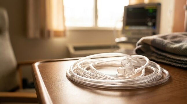 Clear transparent flexible oxygen tubing with nasal cannula connector coiled on a hospital bedside table