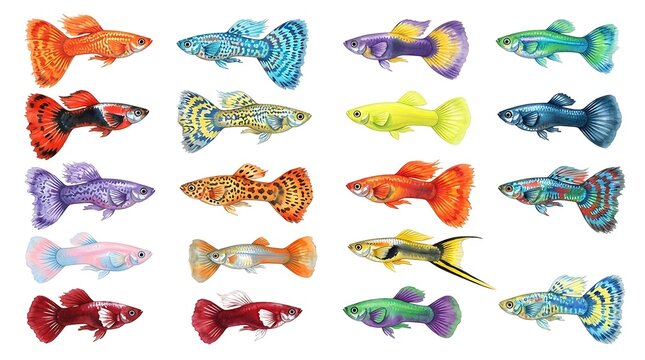 Assorted Colorful Guppy Fish Collection Swimming in Rows