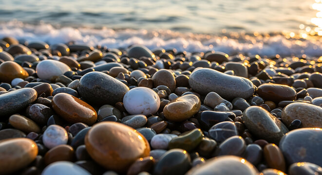 Rocky Shoreline Sunrise Colorful Pebbles Wet Glossy