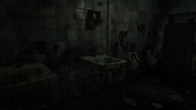 Low light ruined restroom sink area with stained basins and broken tiles, gritty floor littered with debris, clandestine atmosphere evokes urban decay