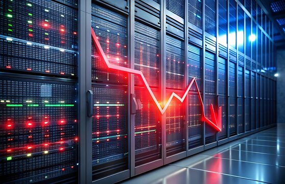 Red Neon Downward Arrow Trend Graph Overlaying Server Rack Data Center technology