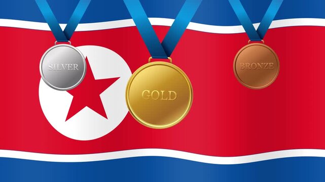 North Korea Flag Waving with Gold Silver and Bronze Medals