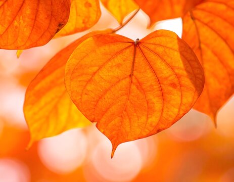 Vibrant orange heart shaped autumn leaves with soft bokeh background
