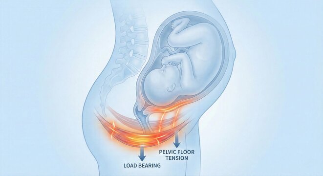 Pelvic floor pregnancy medical concept shows transparent sagittal torso with full term uterus pressing downward on stretched muscle hammock, load bearing tension visualization
