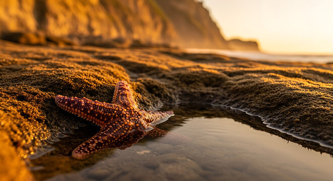 Coastal Cliffs Golden Hour Starfish In Tide Pool