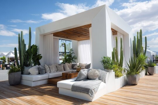 Modern outdoor luxury lounge cabana with white sofas and cacti
