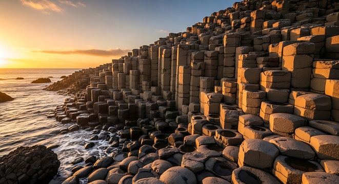 Rocky Shoreline Sunrise Basalt Columns Hexagonal Patterns