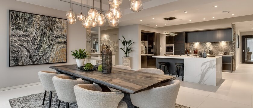 Modern open plan dining room and kitchen with luxury furniture