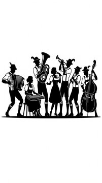Traditional Bavarian Couple Dancing Silhouette, Oktoberfest Vector Illustration, German Folk Dance, Traditional Dirndl and Lederhosen Silhouette, Black And White Dance Icon
