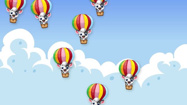 Cartoon Cows Falling in Hot Air Balloons Against Blue Cloudy Sky