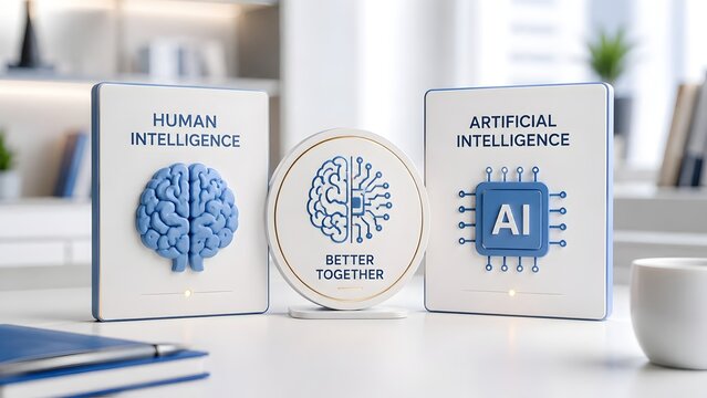 3D plaques showing human intelligence and artificial intelligence working better together on a bright modern office desk.