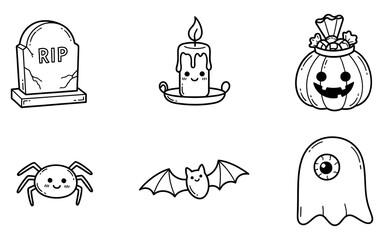 Fototapeta premium Set of cute hand drawn halloween icons featuring a ghost bat spider candle pumpkin and tombstone