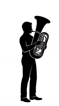 Musician playing a large brass instrument, silhouette on white background