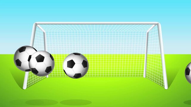 Animated Soccer Balls Bouncing Around a Football Goal on Green Field