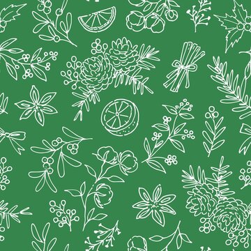 Doodle-style Christmas botanical seamless pattern for fabric, gift wrapping, and stationery

