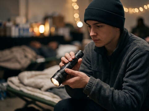 Male emergency worker holding flashlight in dark temporary shelter room