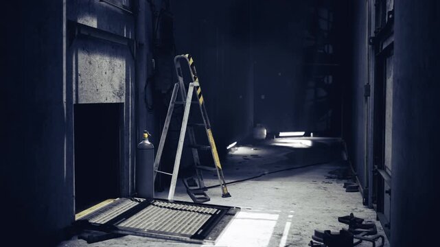 Cinematic corridor with ladder and light. Moody composition, selective focus, textured floor, atmospheric haze, ideal for editorial backgrounds or visual