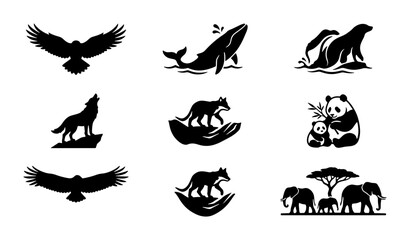 Fototapeta premium Wildlife Conservation Logos: 9 Animal Icons for Nature Protection, Eco-Friendly Brands, and Safari Themes