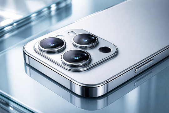 Smartphone featuring triple camera lenses on reflective surface for mobile technology ads and digital gadget marketing
