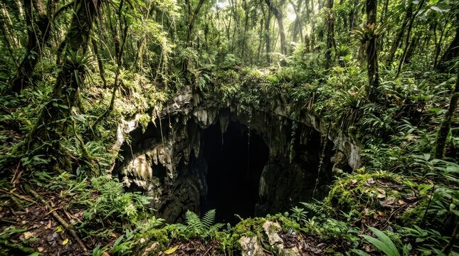 Deep dark sinkhole entrance within a lush green jungle, revealing a mysterious underground opening.