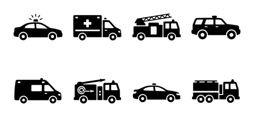 Emergency Vehicle Icons: Police, Ambulance, Fire Truck, SUV Set © Tanvir