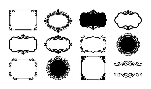 Ornate Vintage Frames Collection, Decorative Flourish Borders, Elegant Victorian Design Elements, 12 Vector Icons