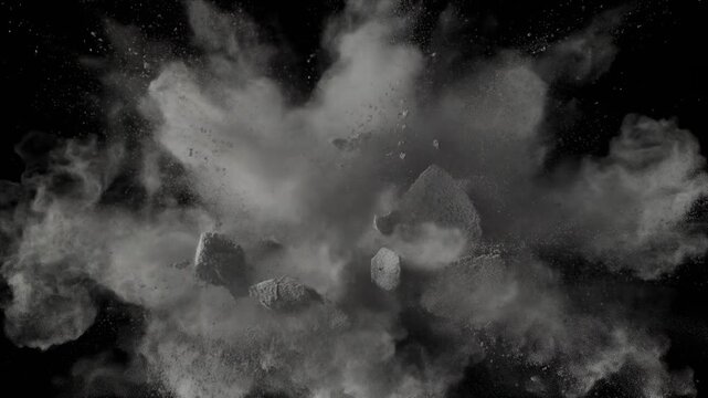 Powder explosion on black background caused by bullet hits, debris fragments and fine dust s