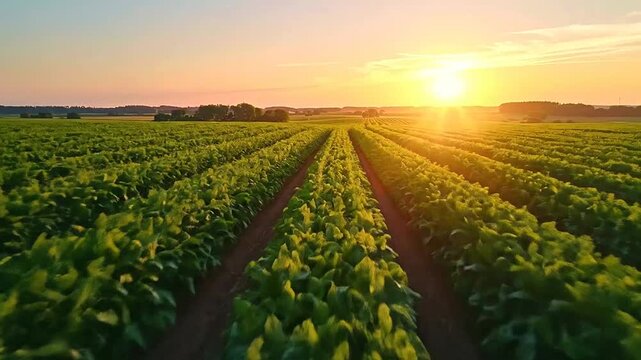 A golden sunset illuminates rows of green crops in a field