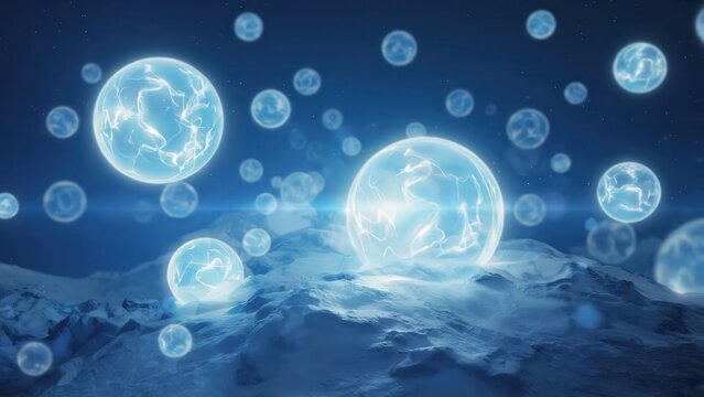 Floating glowing spheres above snowy winter hills