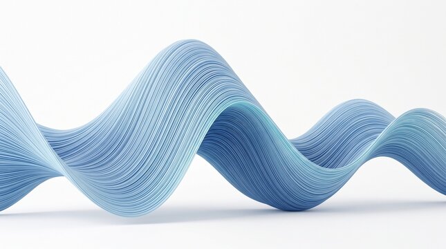 Abstract 3D rendering of a smooth, flowing, blue wavy ribbon or fluid wave sculpture against a clean, minimalist white background with soft lighting