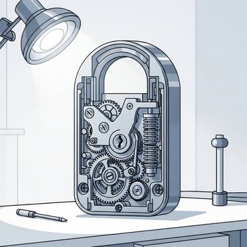 Detailed illustration of a gleaming silver lock mechanism with visible gears and springs