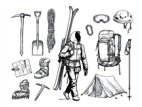 Set of mountaineering and hiking equipment with climber, skis, backpack, tent, ice axe, boots and gear isolated on white background