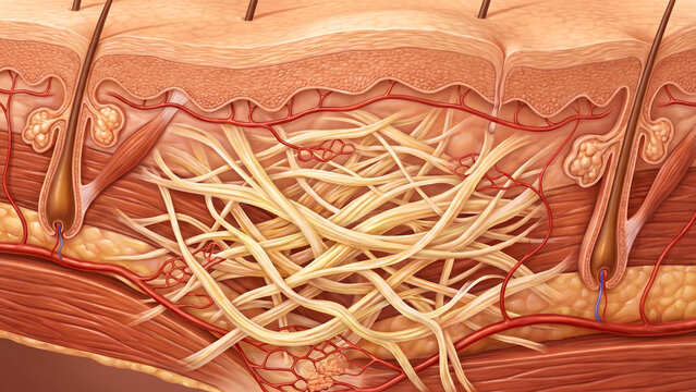 Detailed cross-section illustrating dermal layers, hair follicles, glands, and connective tissue fibers.