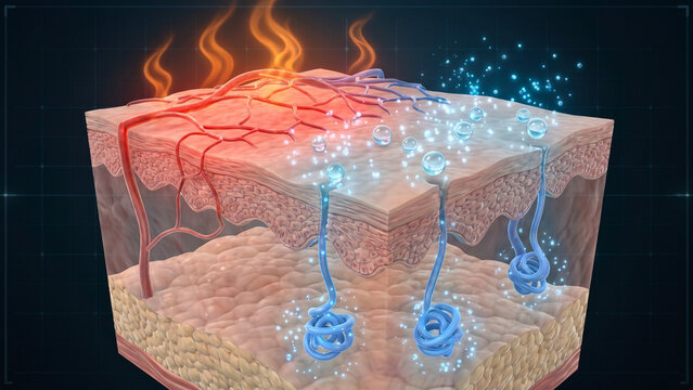 Medical illustration showing skin tissue with contrasting heat and cooling visual effects.