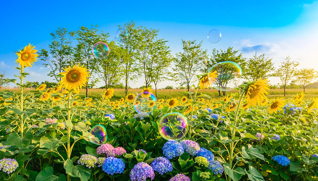 Summer Garden with Sunflowers Hydrangeas and Bubbles Generative AI