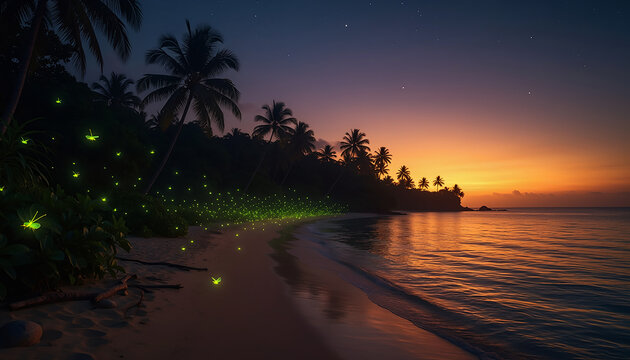 Fireflies Over Tropical Beach at Sunset Generative AI