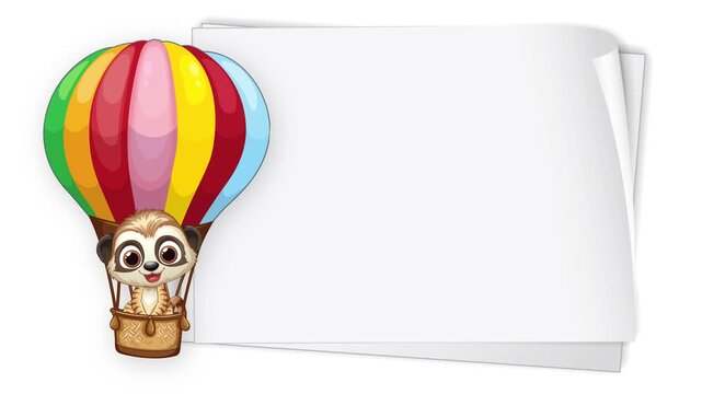Cartoon Meerkat in Hot Air Balloon with Blank White Paper Background