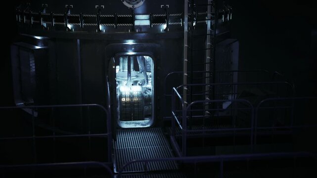 Illuminated portal opening into containment corridor, grated floor and railings, reflective capsule glowing with cool blue light, tensionfilled scifi atmosphere