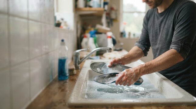A man meticulously hand washes shoe insoles in a soapy kitchen sink