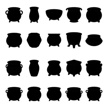 Set of black silhouettes of various vintage cooking pots and cauldrons isolated on a white background