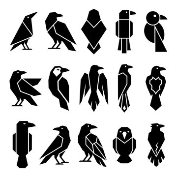 Set of fifteen minimalist black raven and crow icons designed in a modern geometric vector art style