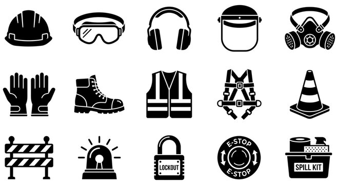 Set of industrial safety equipment icons representing personal protective gear and workplace hazard prevention tools in black