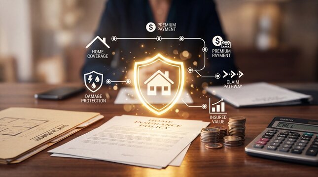 Professional home insurance policy financial planning concept with glowing digital icons and stacked coins on desk