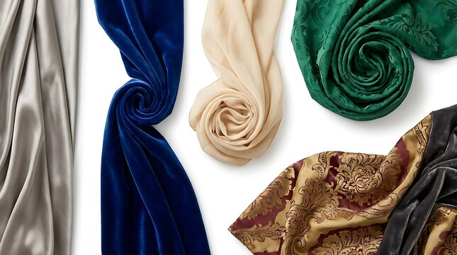 Luxury fabric swatches of velvet and silk in various elegant colors