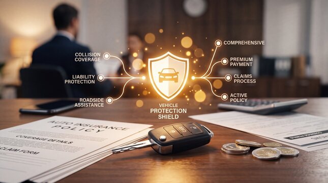 Automobile insurance policy documents with key with displays car insurance papers coins desk digital graphics