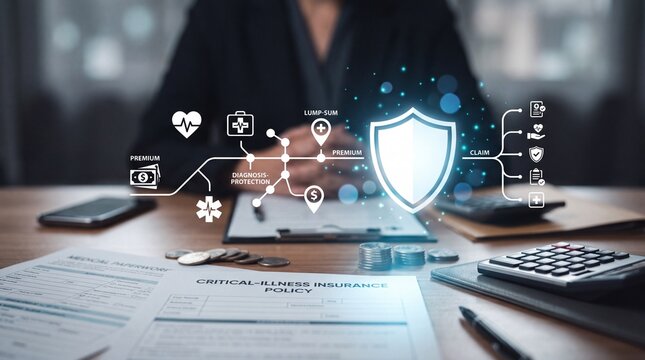 Professional insurance agent reviewing critical illness coverage policy document with digital shield protection graphics