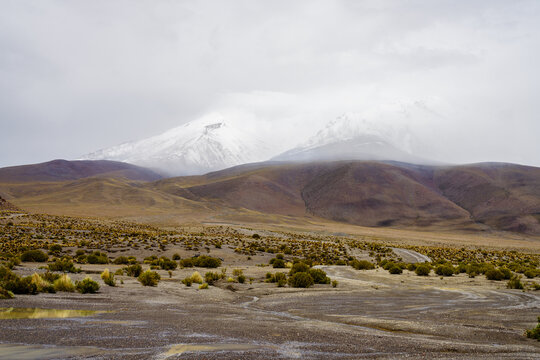 Snow-capped volcano rising above the altiplano, Sud L&iacute;pez, Potos&iacute;, Bolivia